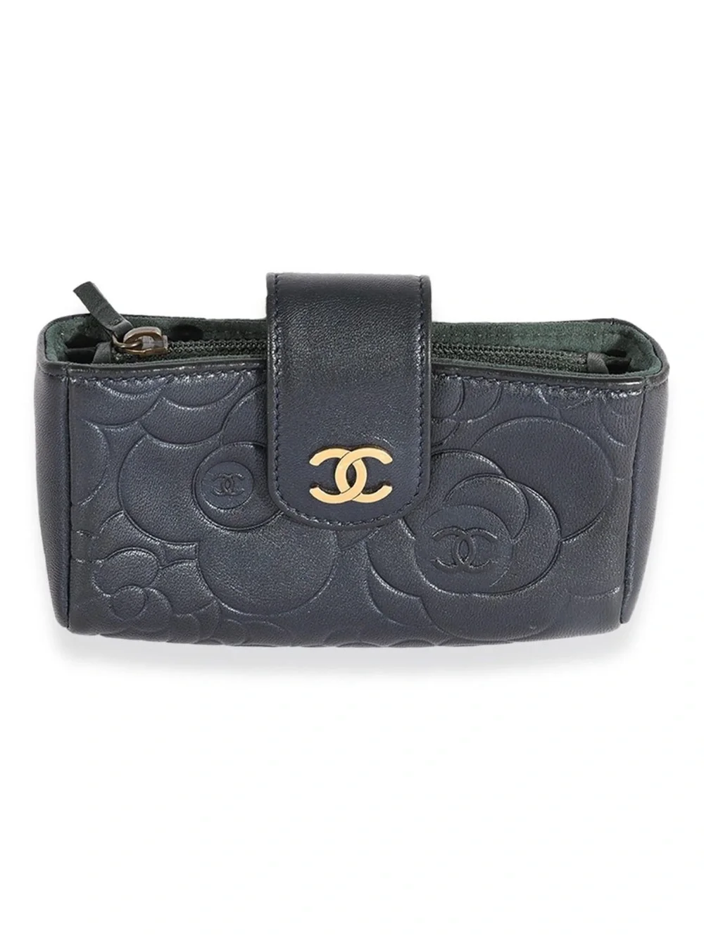 CHANEL Black Camellia-O Quilted Leather Key Pouch with Gold CC